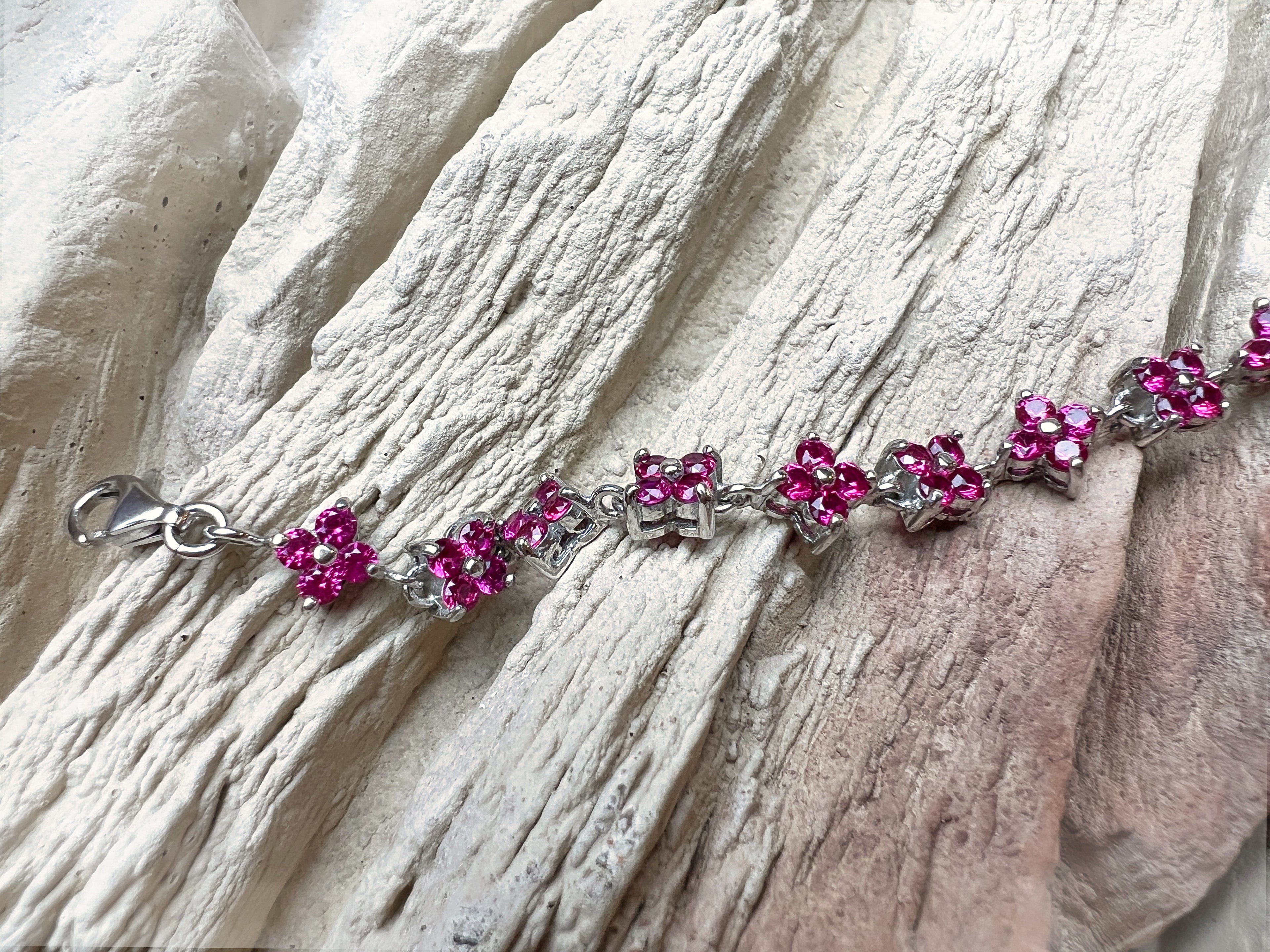 "Flower-Power" Armband - 925 Sterling Silber - magenta Zirkonia - 19 cm
