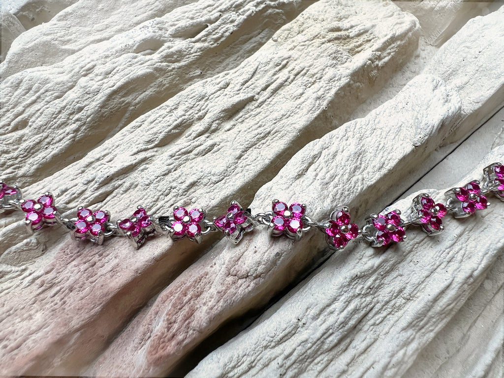 "Flower-Power" Armband - 925 Sterling Silber - magenta Zirkonia - 19 cm