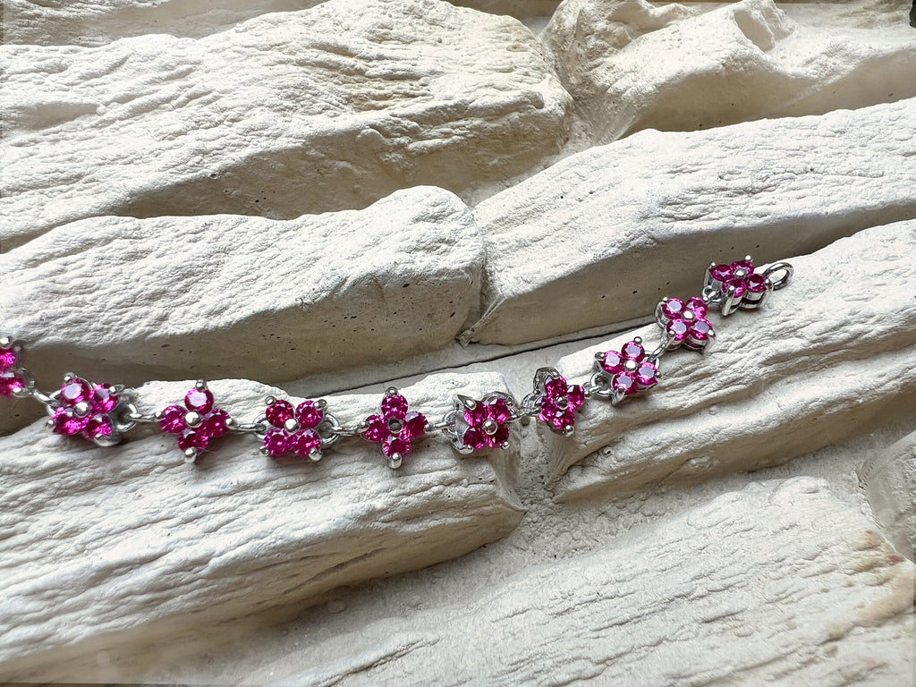 "Flower-Power" Armband - 925 Sterling Silber - magenta Zirkonia - 19 cm