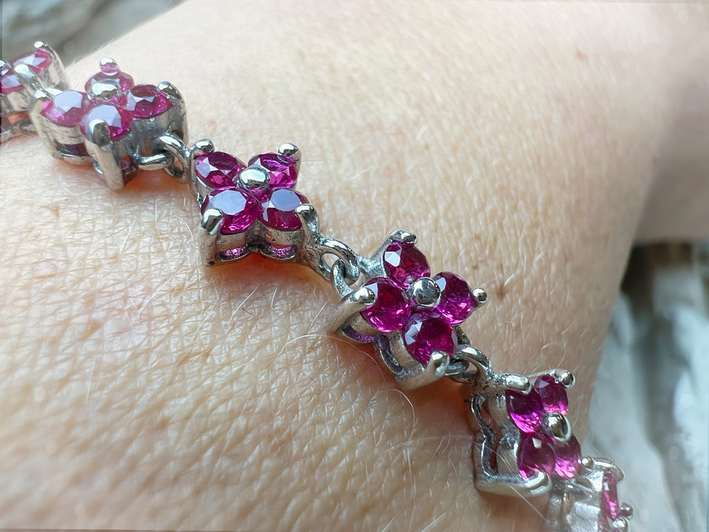 "Flower-Power" Armband - 925 Sterling Silber - magenta Zirkonia - 19 cm