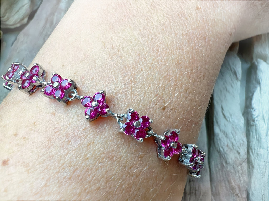 "Flower-Power" Armband - 925 Sterling Silber - magenta Zirkonia - 19 cm