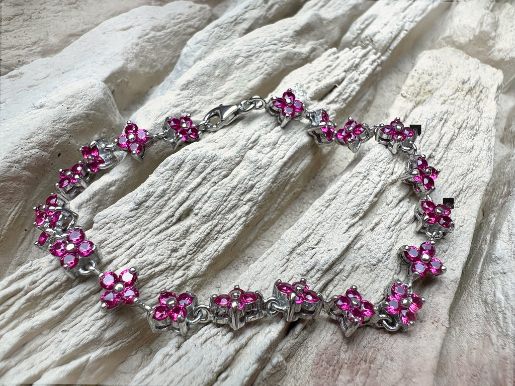"Flower-Power" Armband - 925 Sterling Silber - magenta Zirkonia - 19 cm