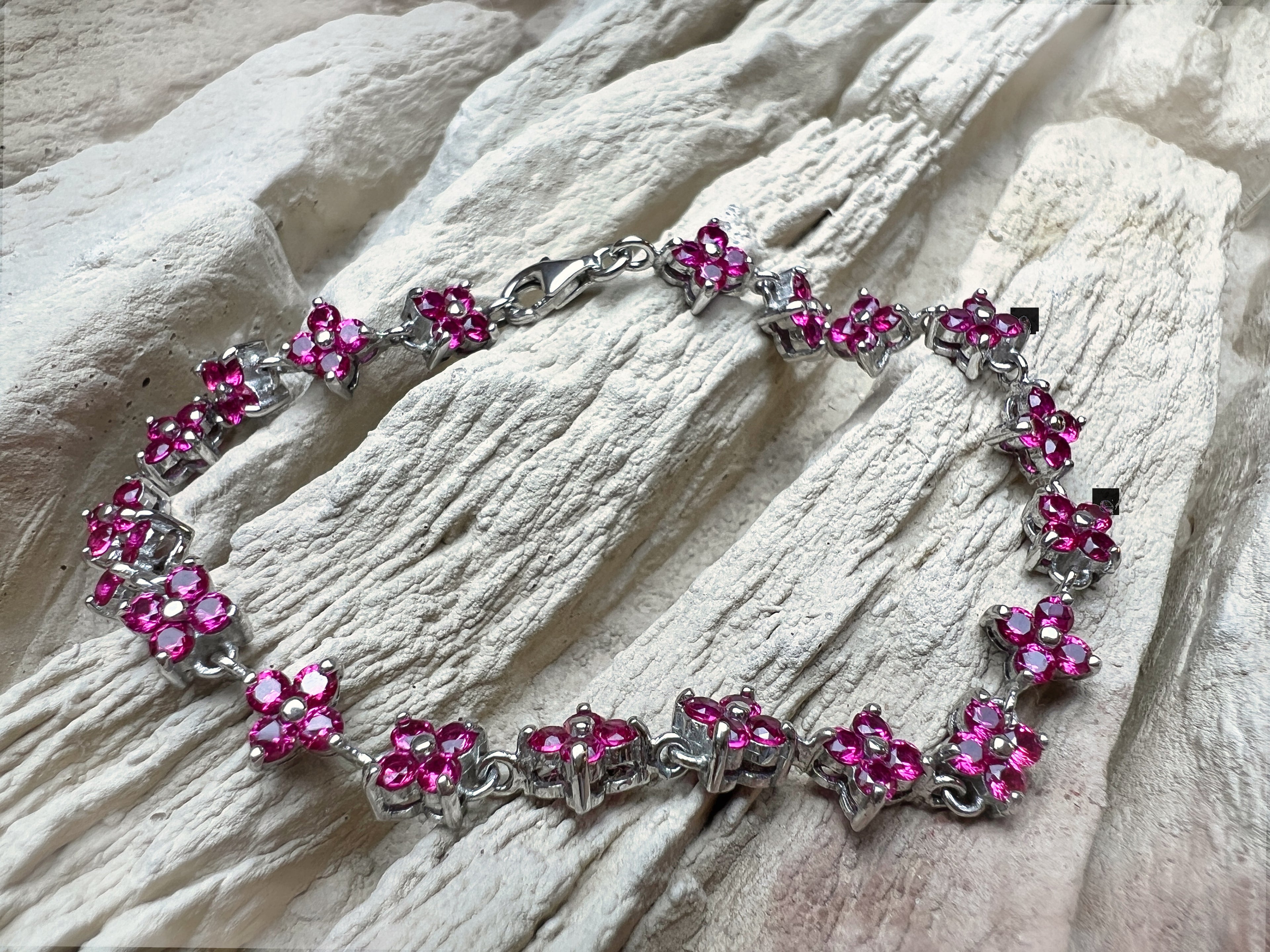 "Flower-Power" Armband - 925 Sterling Silber - magenta Zirkonia - 19 cm