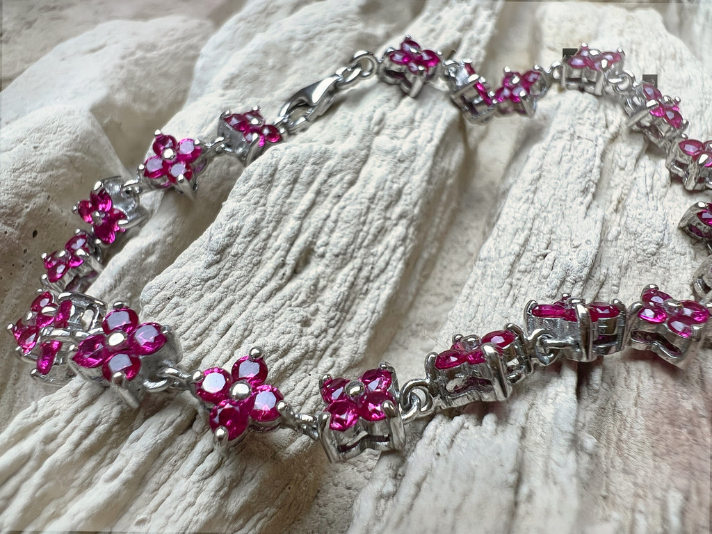 "Flower-Power" Armband - 925 Sterling Silber - magenta Zirkonia - 19 cm