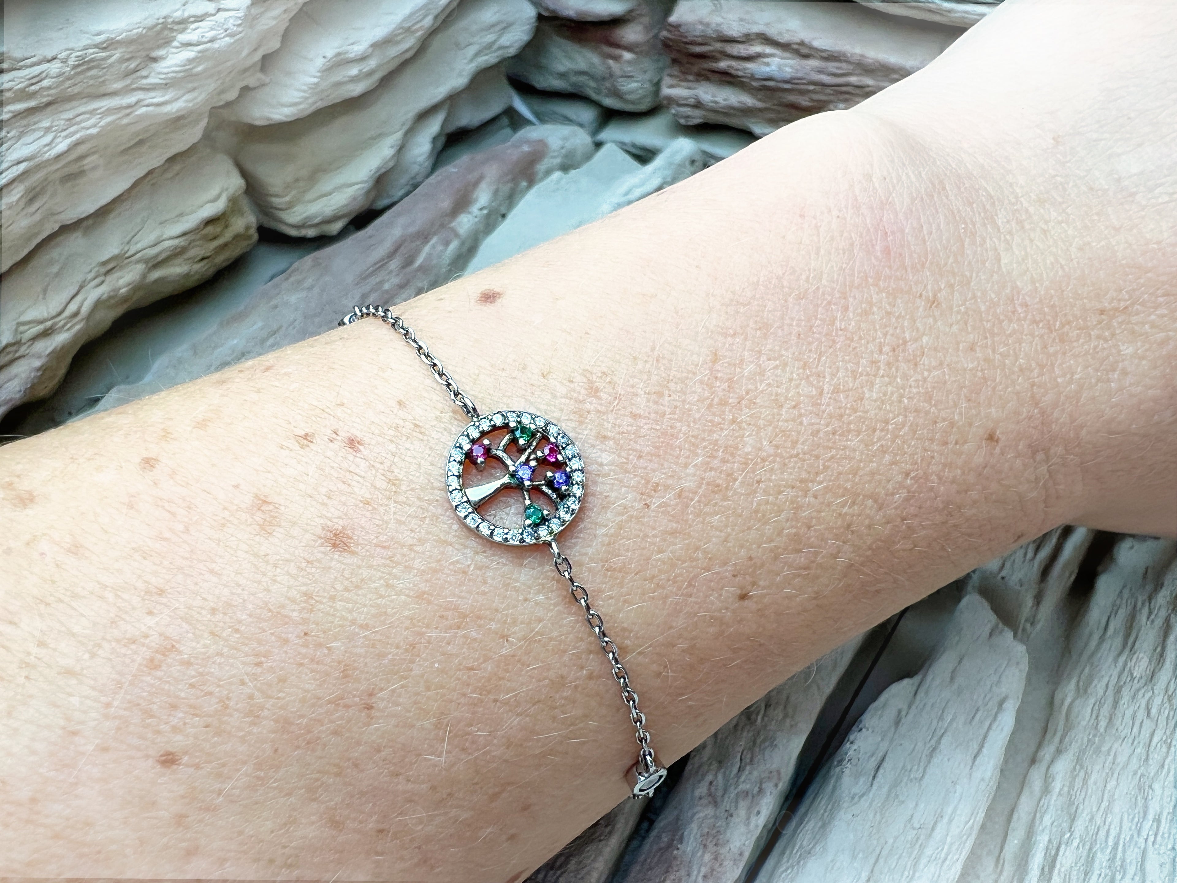 "Lebensbaum" Armband - 925 Sterling Silber - bunte Zirkonia - UNIKAT