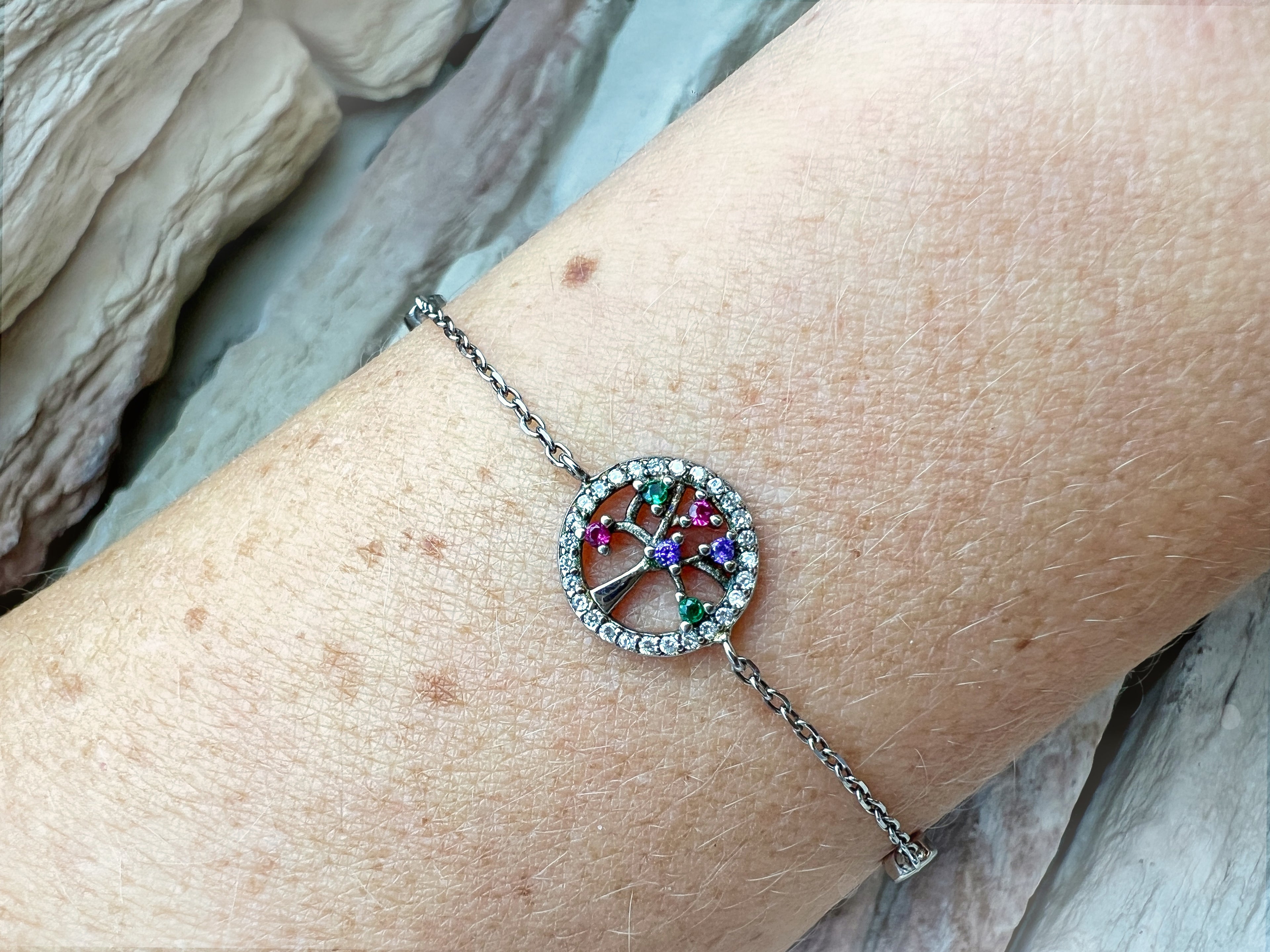 "Lebensbaum" Armband - 925 Sterling Silber - bunte Zirkonia - UNIKAT