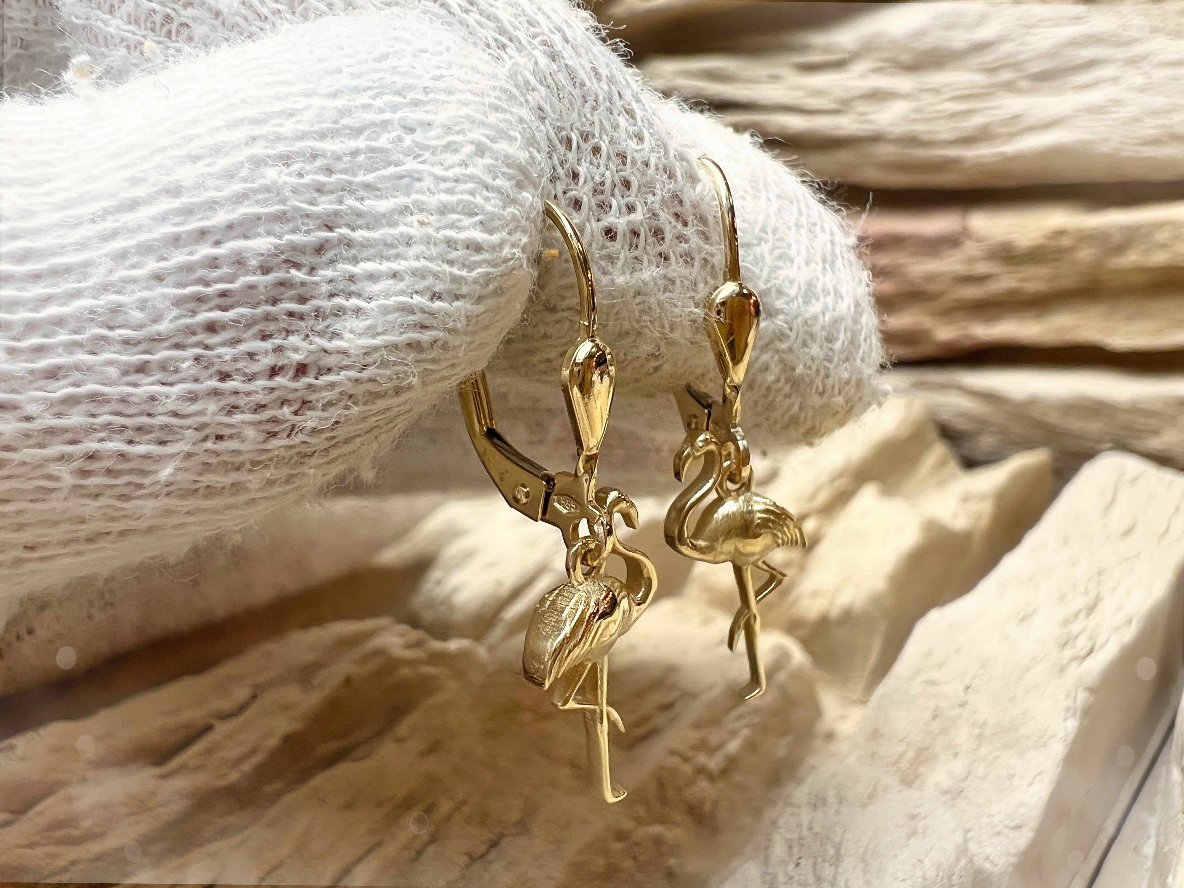 Flamingo Ohrringe 585er Gelbgold – Unikat