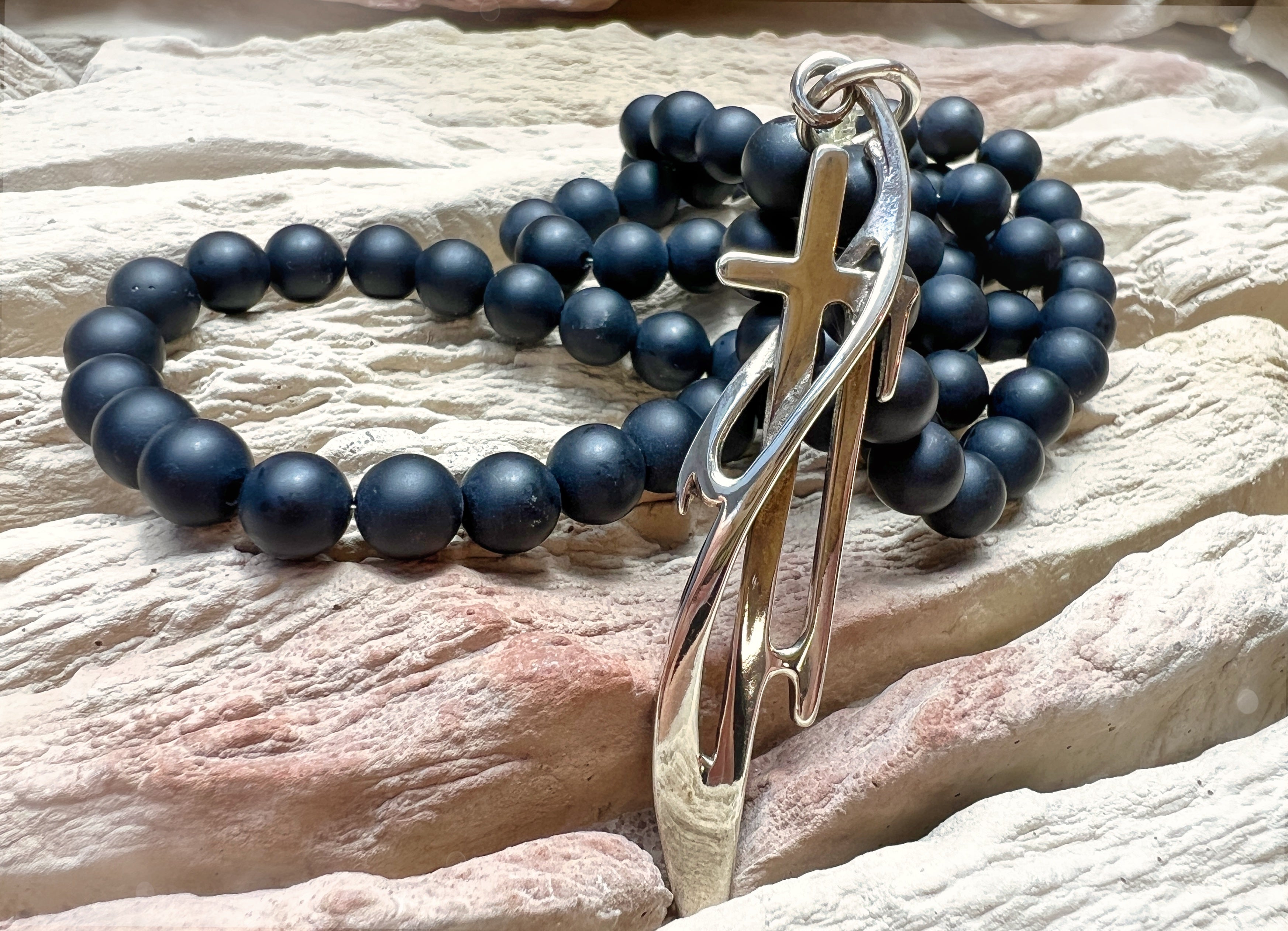 Massive Onyxkette mit exklusivem Kreuz - 925er Sterling Silber - 65 cm