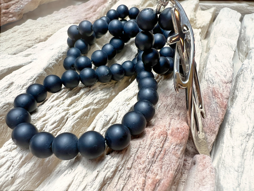 Massive Onyxkette mit exklusivem Kreuz - 925er Sterling Silber - 65 cm