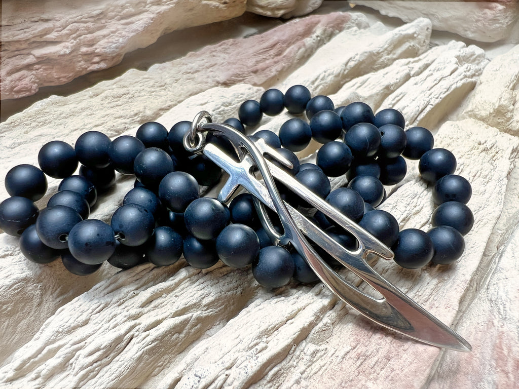 Massive Onyxkette mit exklusivem Kreuz - 925er Sterling Silber - 65 cm