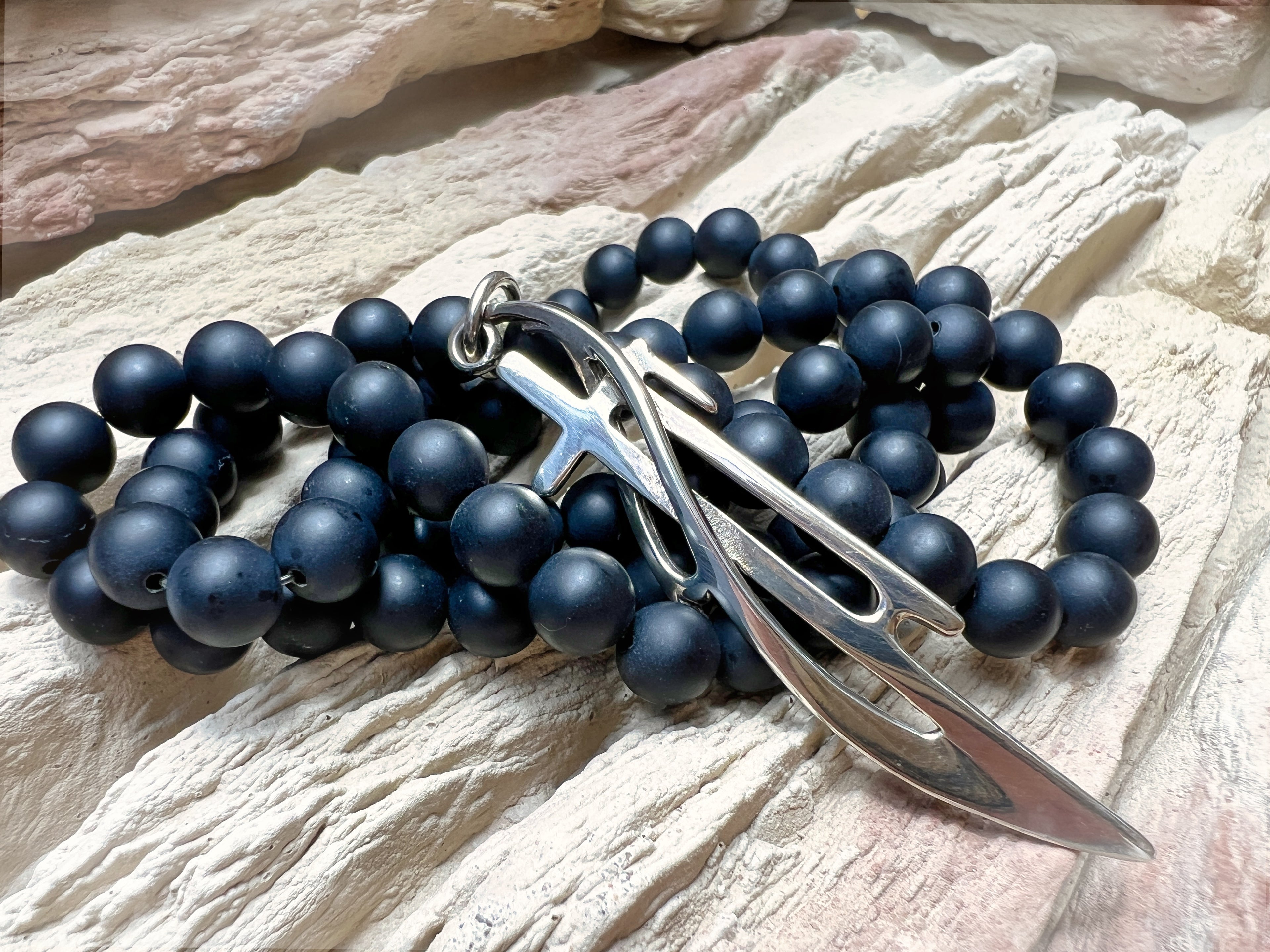 Massive Onyxkette mit exklusivem Kreuz - 925er Sterling Silber - 65 cm