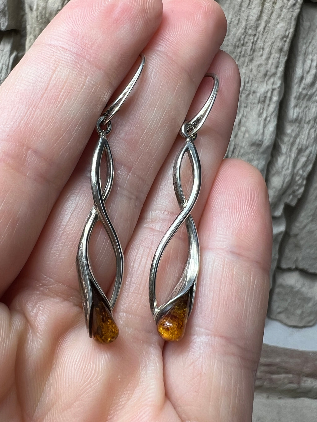 925er Sterling Silber Ohrringe - brauner Naturbernstein - UNIKAT