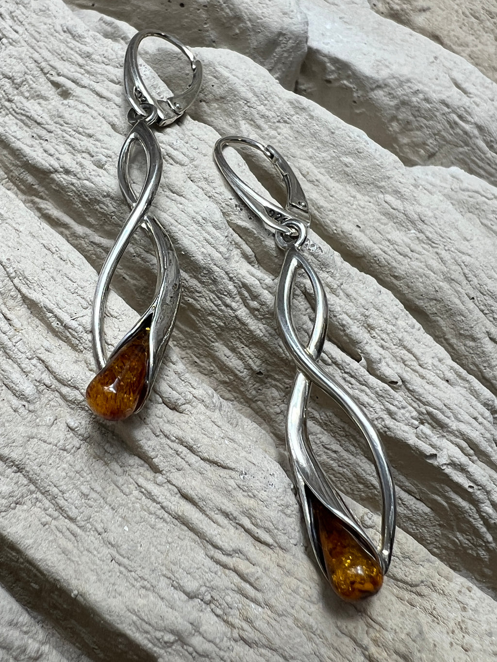 925er Sterling Silber Ohrringe - brauner Naturbernstein - UNIKAT