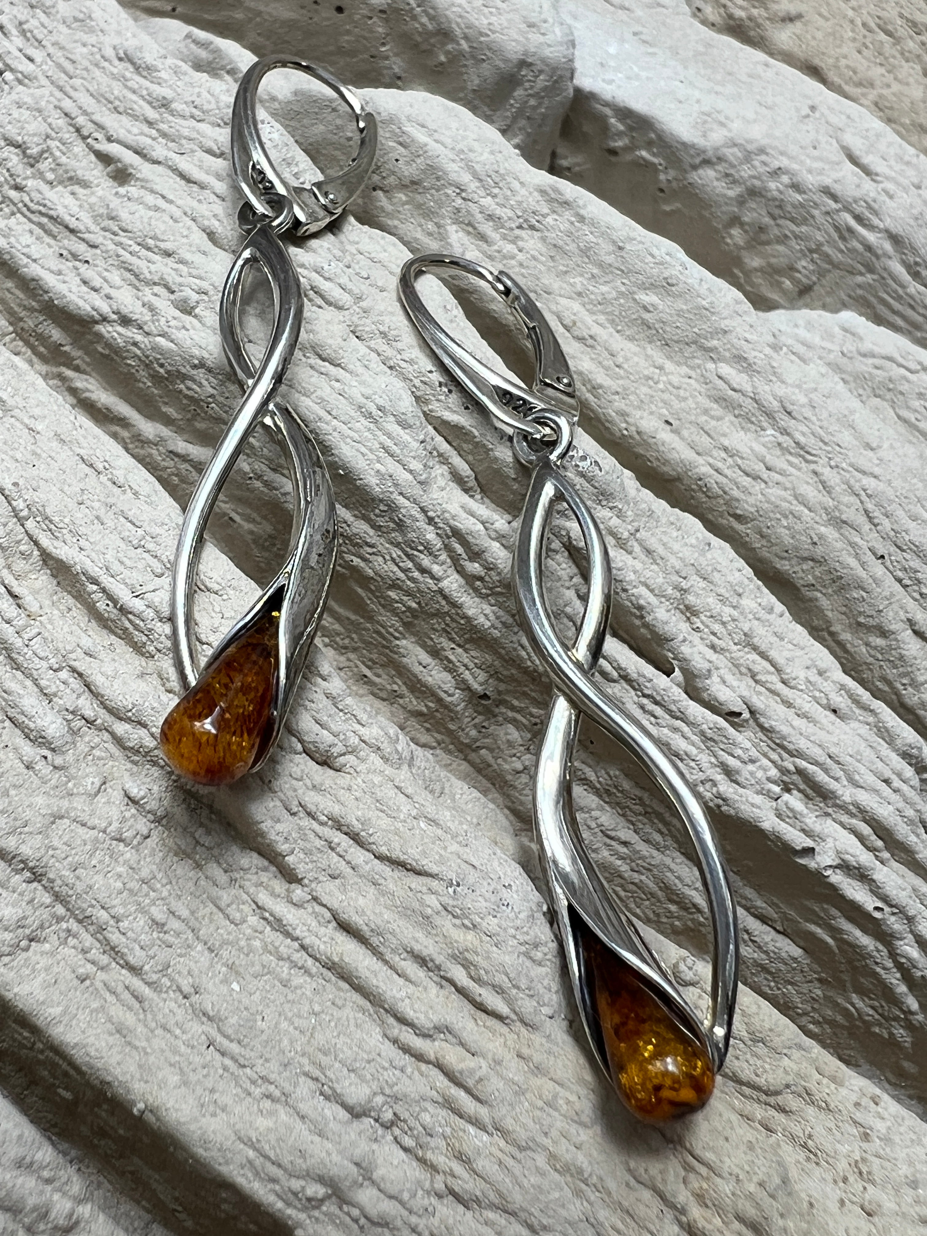 925er Sterling Silber Ohrringe - brauner Naturbernstein - UNIKAT