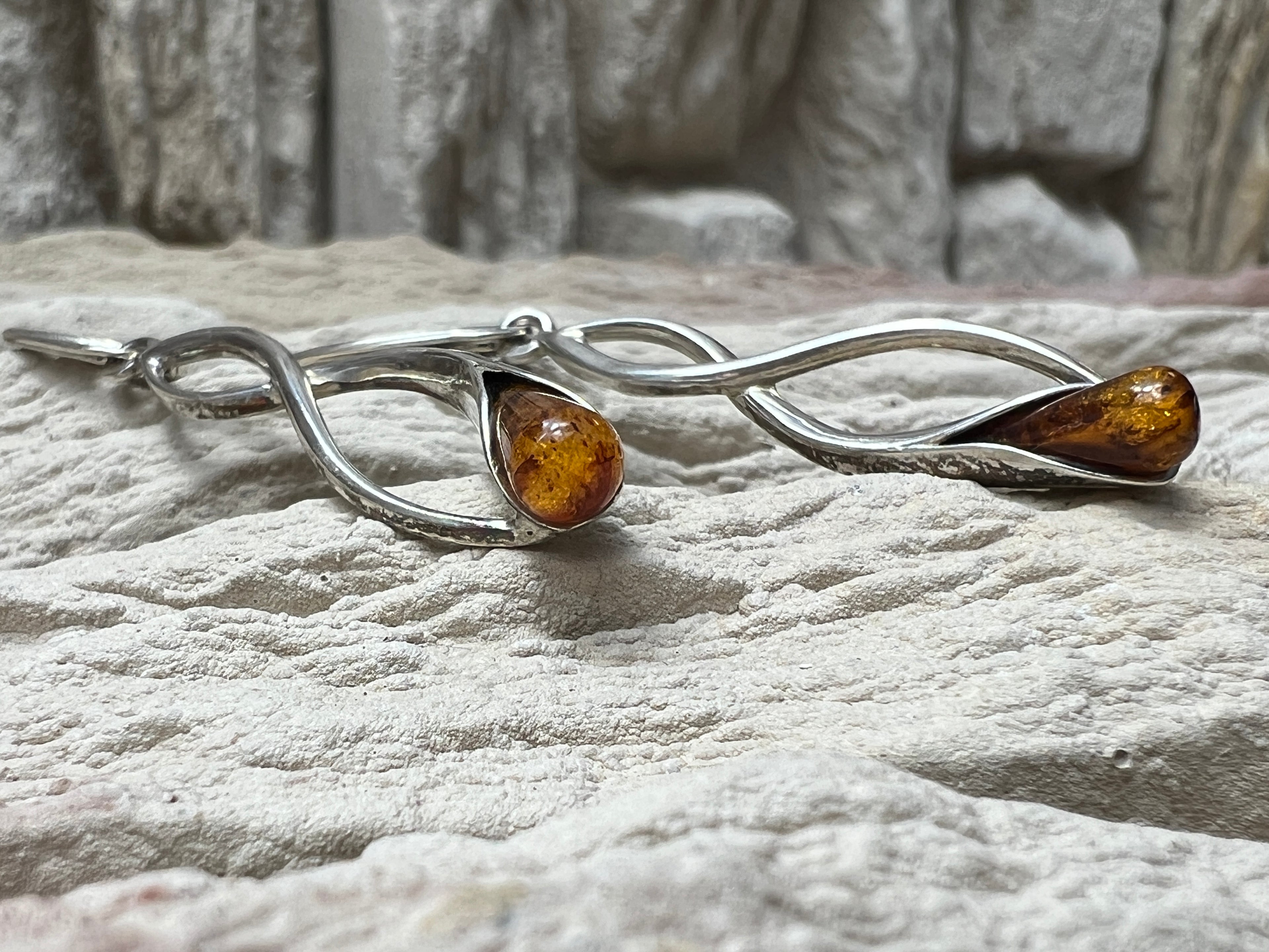 925er Sterling Silber Ohrringe - brauner Naturbernstein - UNIKAT