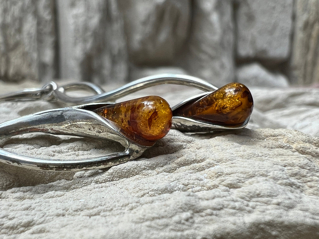 925er Sterling Silber Ohrringe - brauner Naturbernstein - UNIKAT