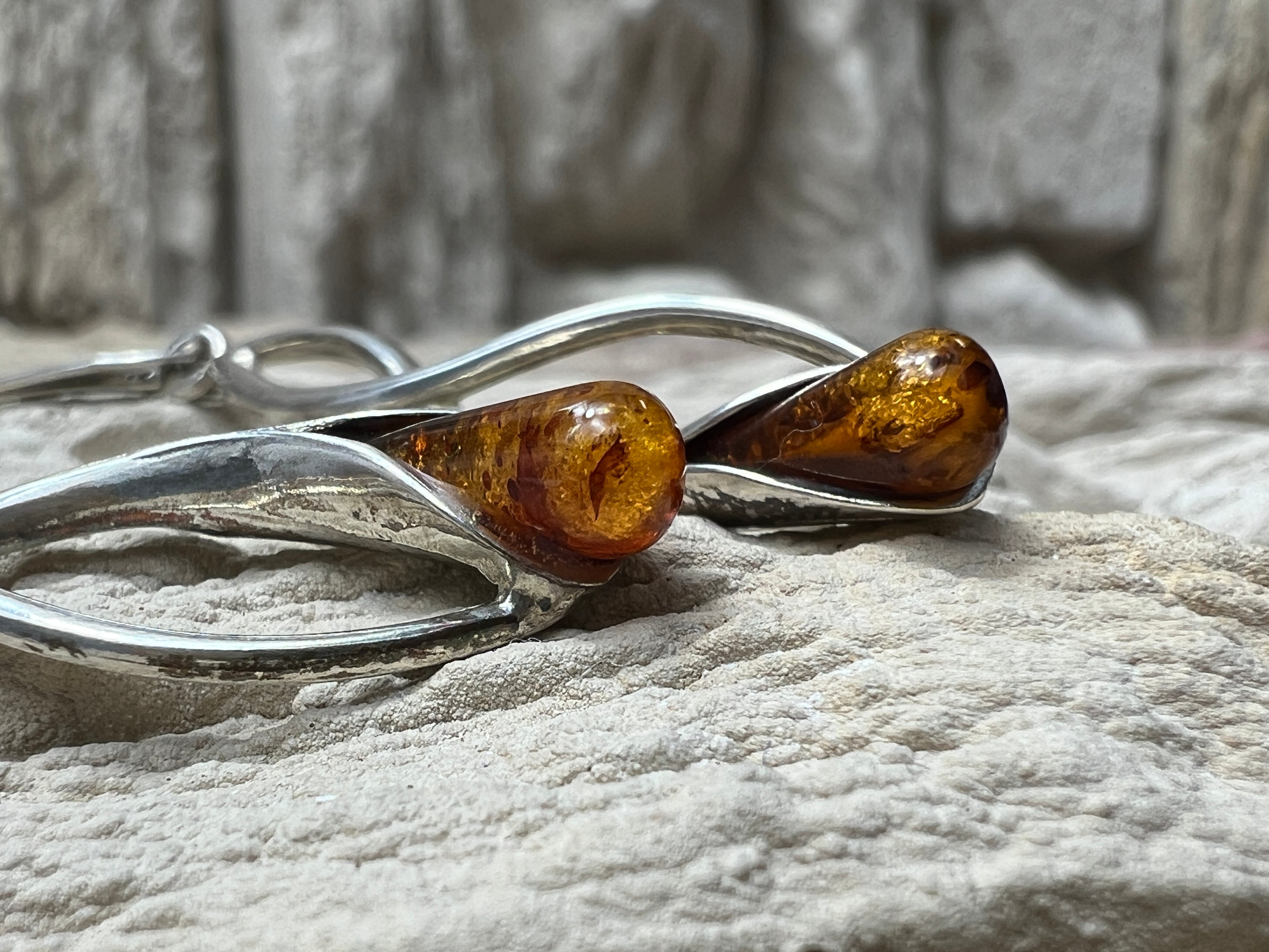 925er Sterling Silber Ohrringe - brauner Naturbernstein - UNIKAT