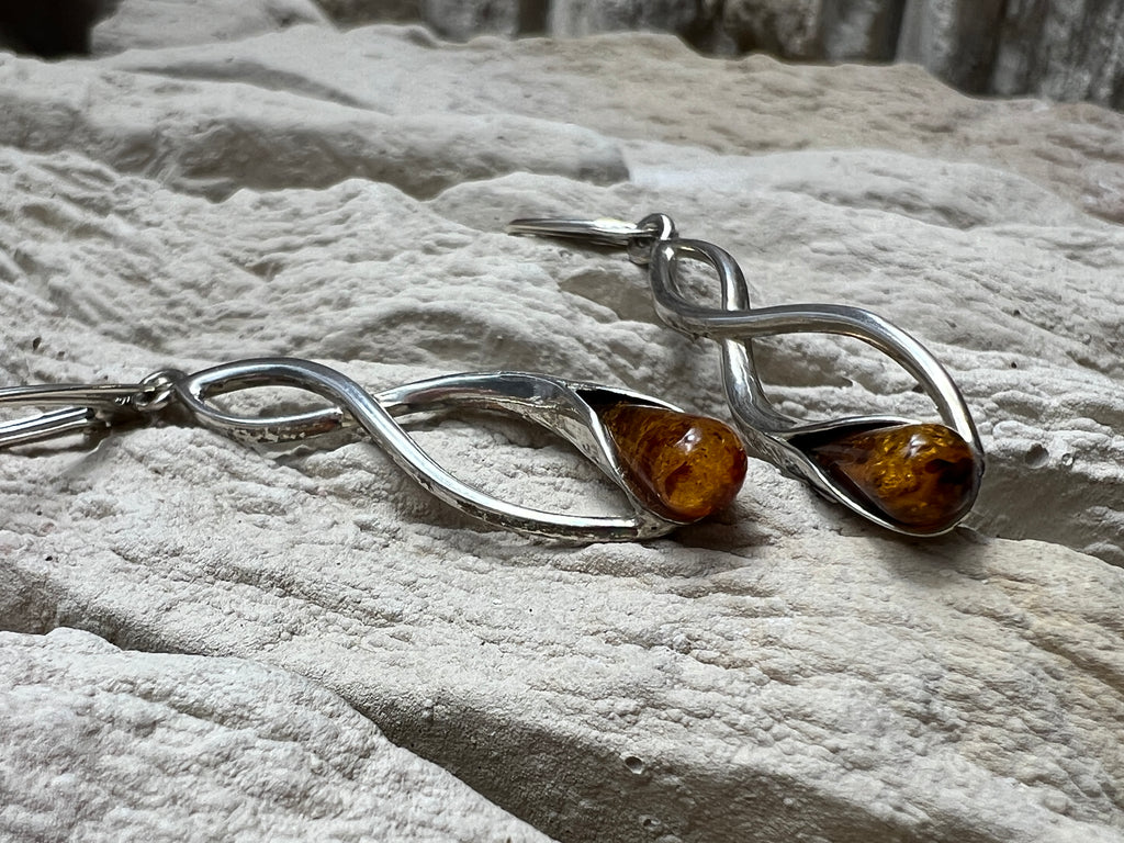 925er Sterling Silber Ohrringe - brauner Naturbernstein - UNIKAT