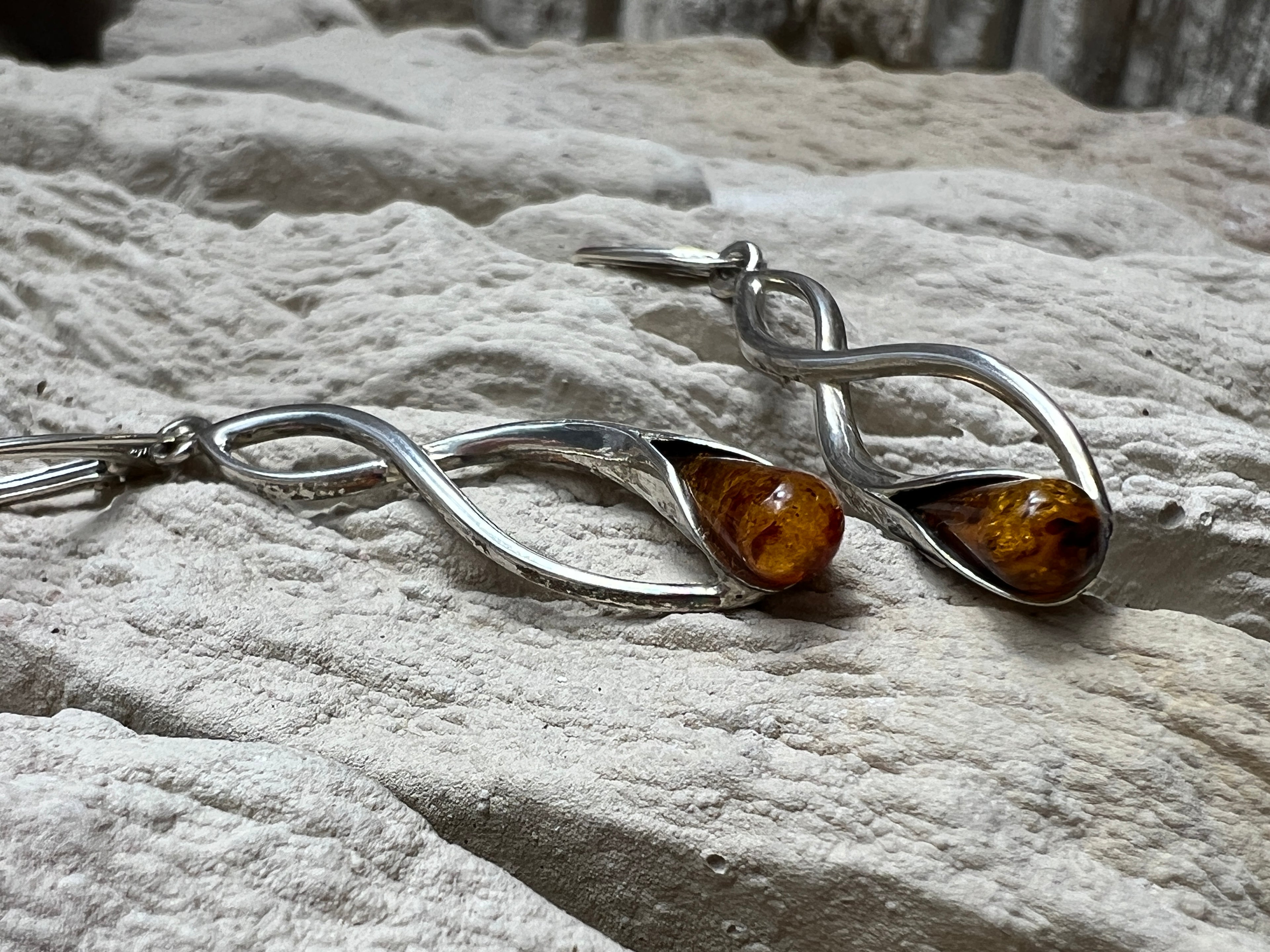 925er Sterling Silber Ohrringe - brauner Naturbernstein - UNIKAT