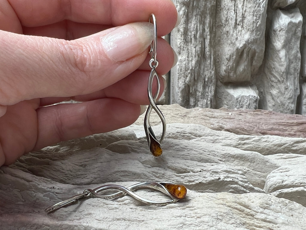 925er Sterling Silber Ohrringe - brauner Naturbernstein - UNIKAT