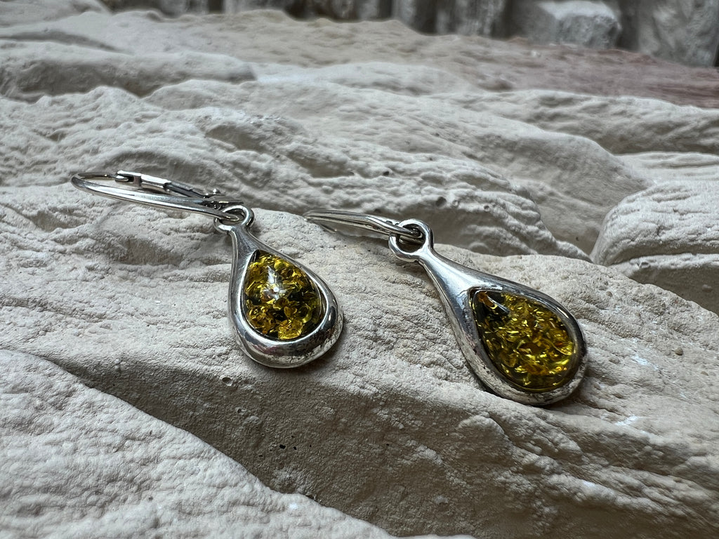 925er Sterling Silber Ohrringe Tropfen - grüner Naturbernstein - UNIKAT