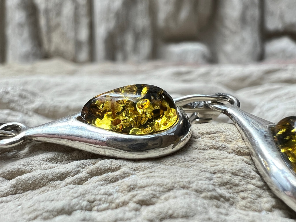 925er Sterling Silber Ohrringe Tropfen - grüner Naturbernstein - UNIKAT