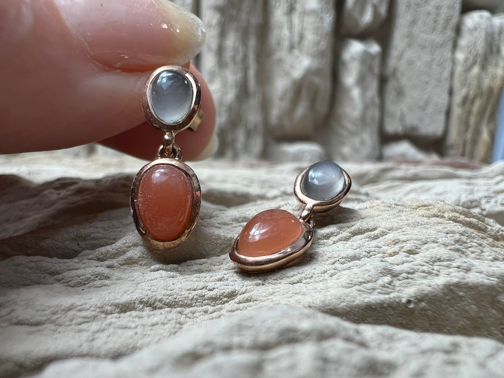 Rosé-vergoldete 925er Sterling Silber Ohrhänger - Mondstein & Karneol - UNIKAT