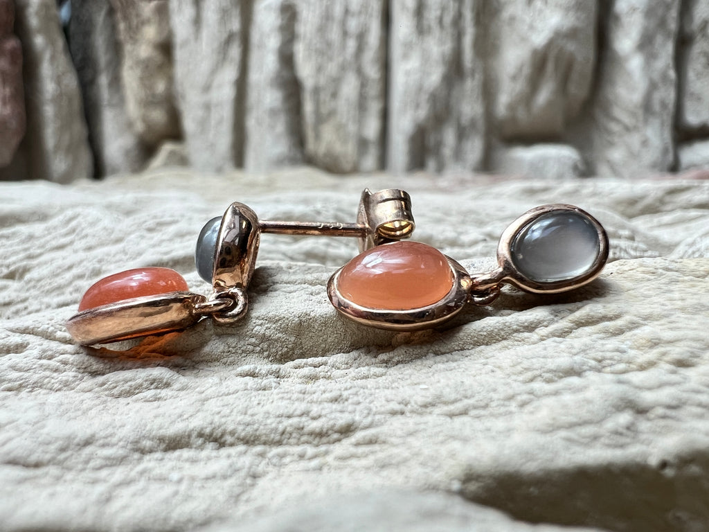 Rosé-vergoldete 925er Sterling Silber Ohrhänger - Mondstein & Karneol - UNIKAT