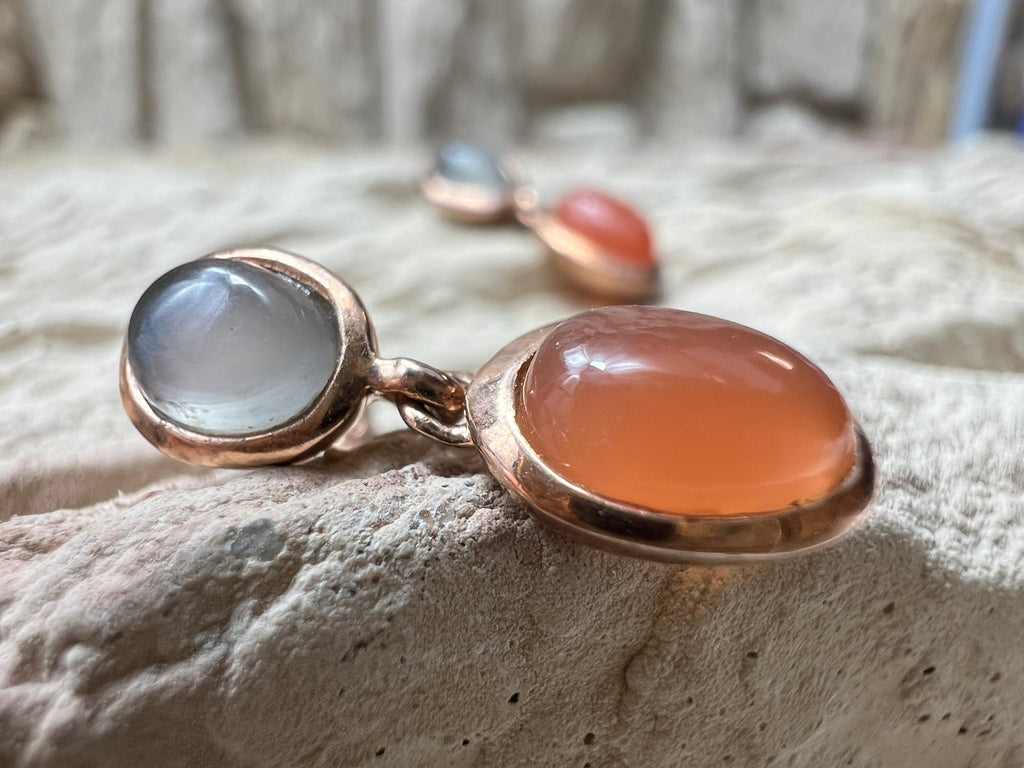 Rosé-vergoldete 925er Sterling Silber Ohrhänger - Mondstein & Karneol - UNIKAT