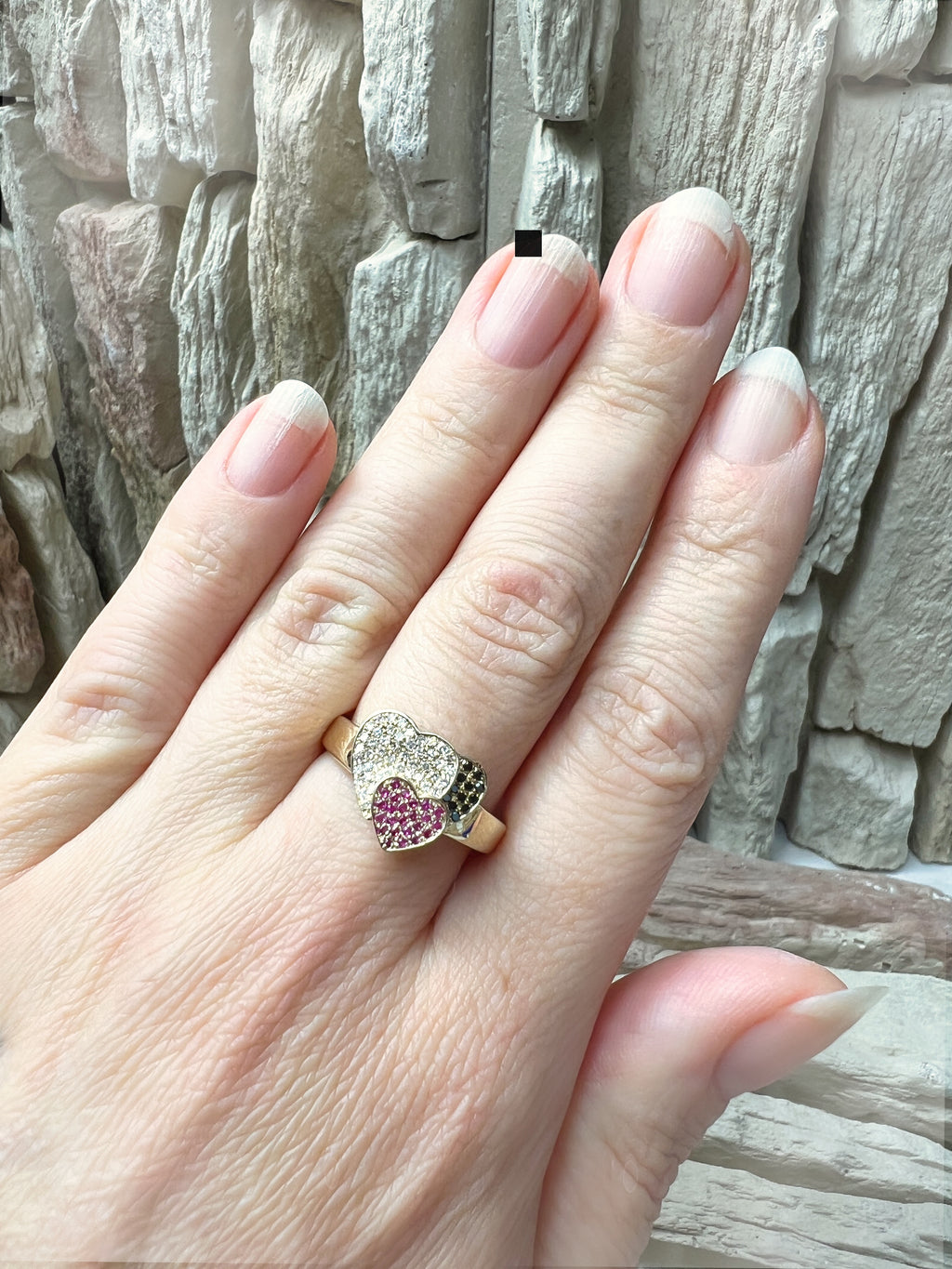 Herz-Ring aus 585er Gold mit Diamanten, Rubinen & Onyx – Nr. 58 (18)