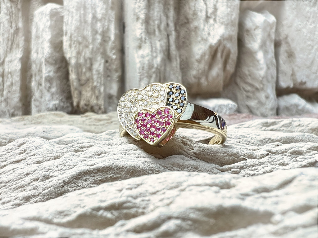 Herz-Ring aus 585er Gold mit Diamanten, Rubinen & Onyx – Nr. 58 (18)