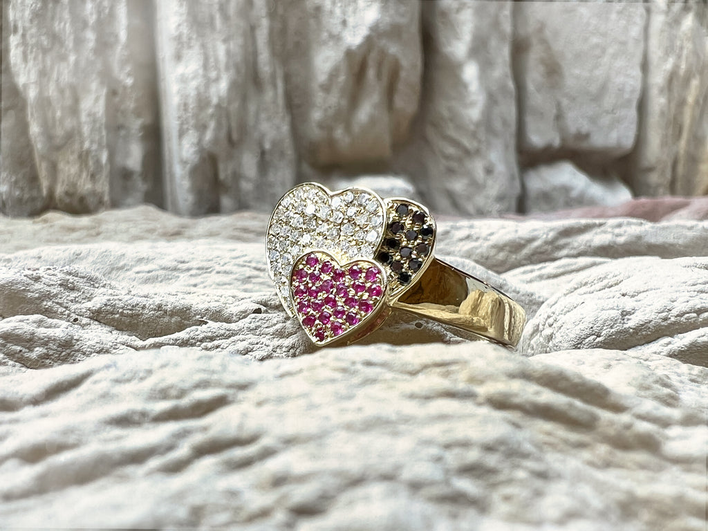 Herz-Ring aus 585er Gold mit Diamanten, Rubinen & Onyx – Nr. 58 (18)