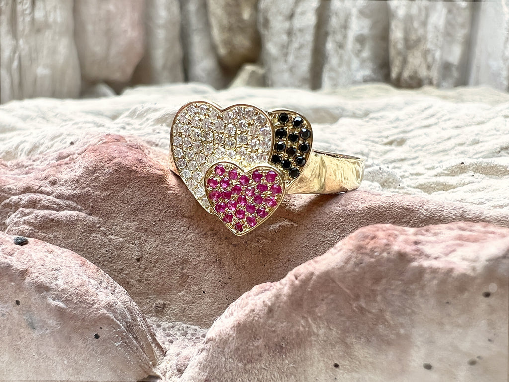 Herz-Ring aus 585er Gold mit Diamanten, Rubinen & Onyx – Nr. 58 (18)