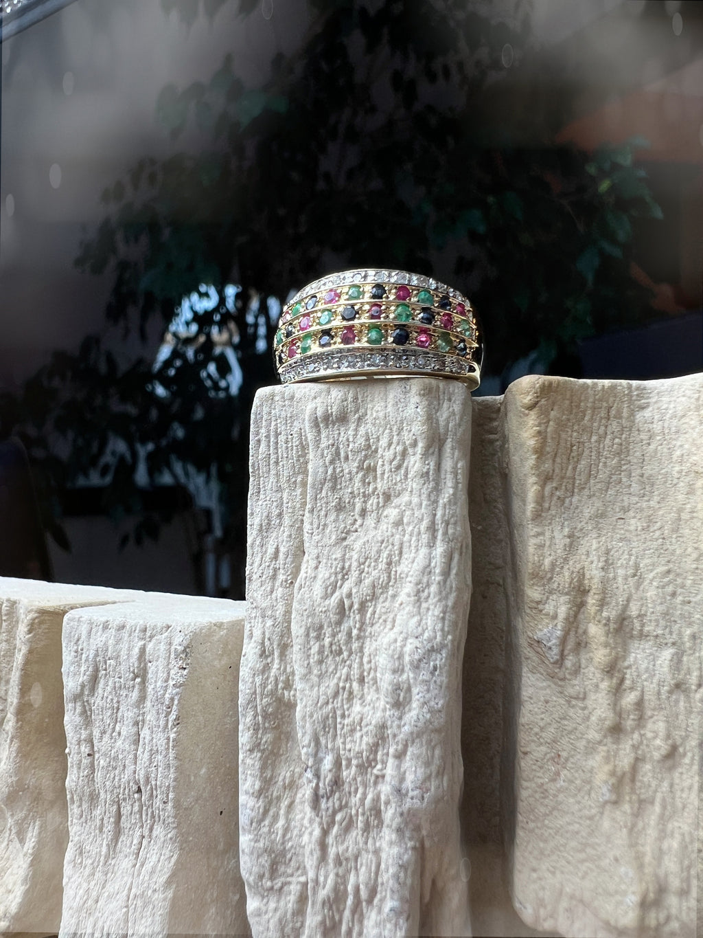 LUXUS-Ring aus 585er Gold mit Diamant-Rubin-Smaragd-Saphir – Nr. 53-54 (13-14)