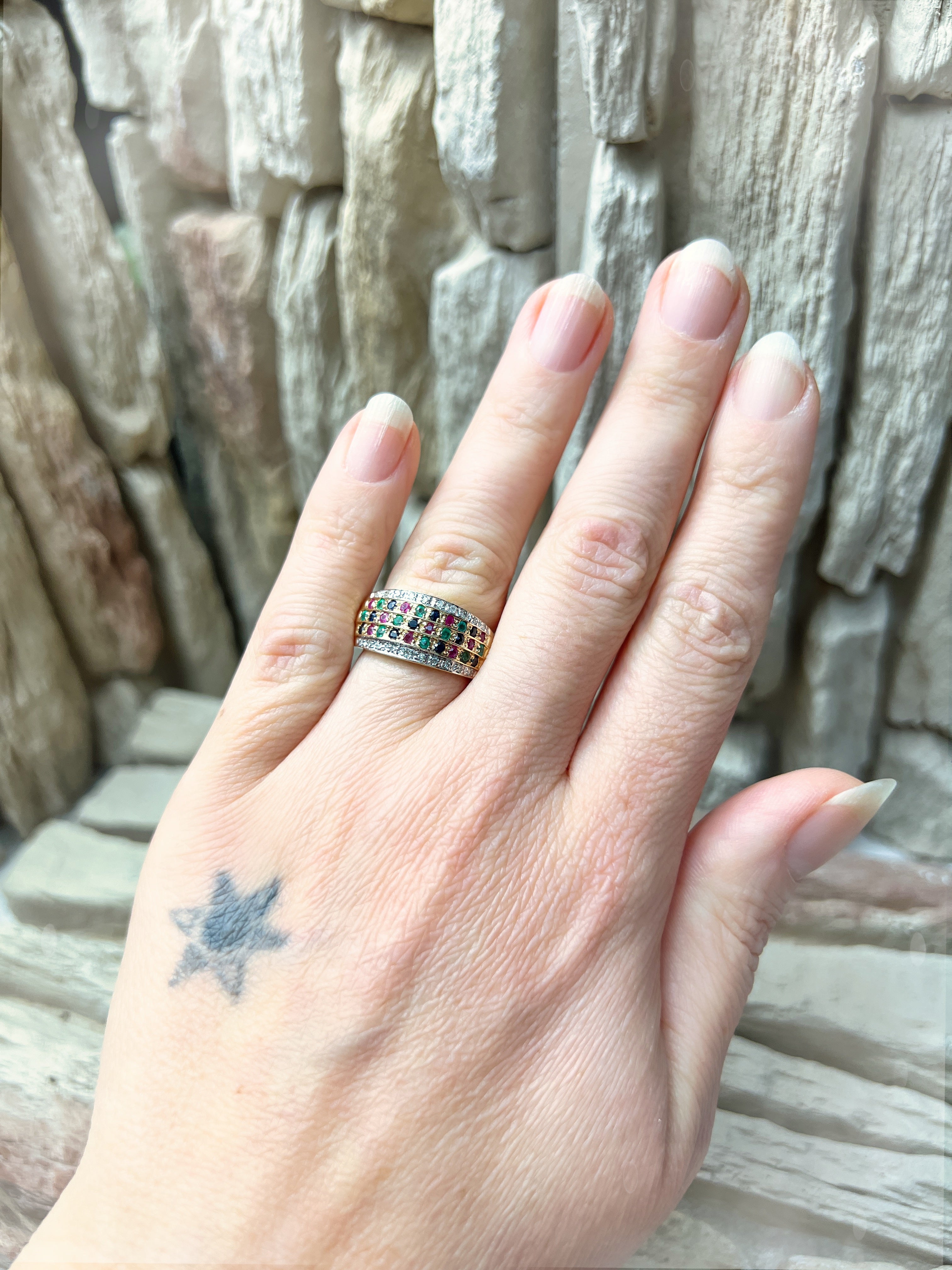 LUXUS-Ring aus 585er Gold mit Diamant-Rubin-Smaragd-Saphir – Nr. 53-54 (13-14)