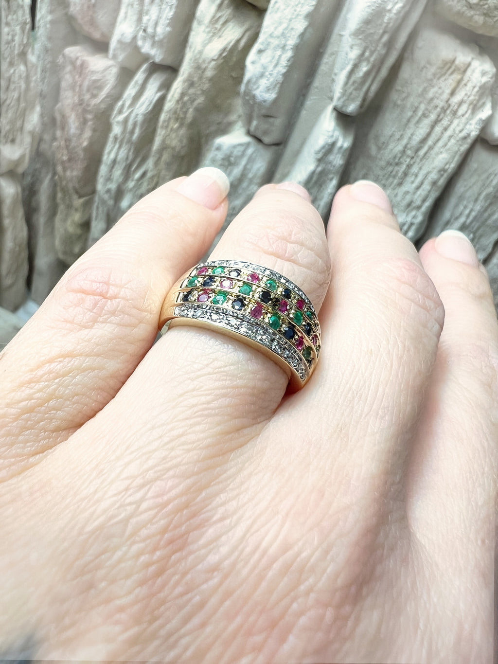 LUXUS-Ring aus 585er Gold mit Diamant-Rubin-Smaragd-Saphir – Nr. 53-54 (13-14)