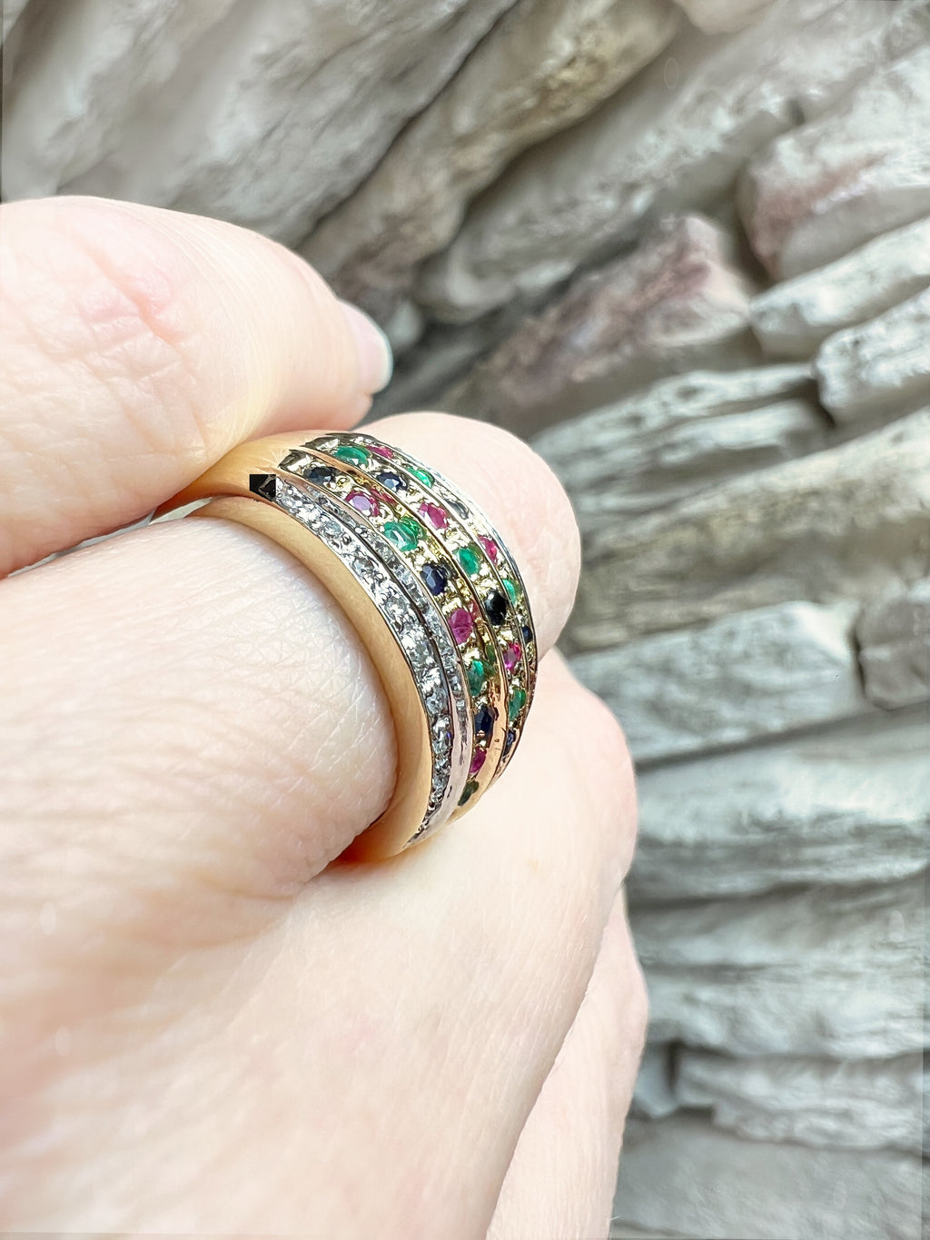 LUXUS-Ring aus 585er Gold mit Diamant-Rubin-Smaragd-Saphir – Nr. 53-54 (13-14)