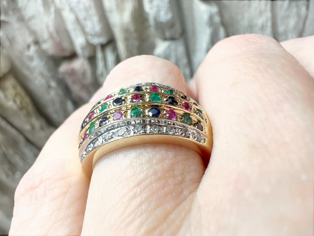 LUXUS-Ring aus 585er Gold mit Diamant-Rubin-Smaragd-Saphir – Nr. 53-54 (13-14)