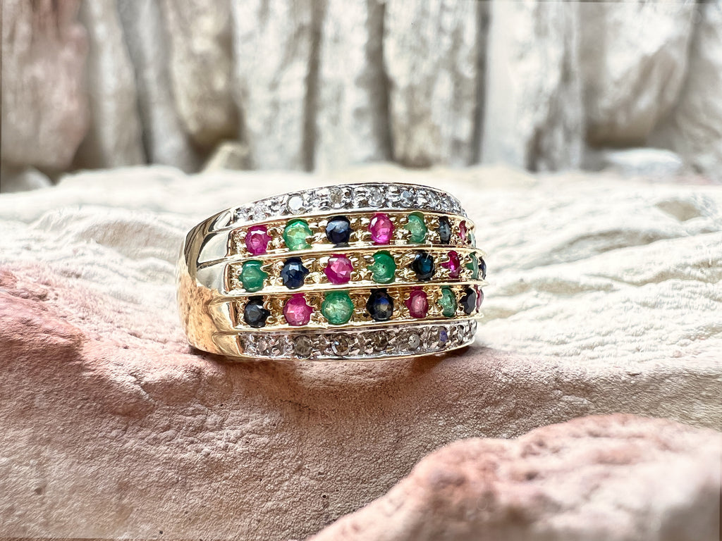 LUXUS-Ring aus 585er Gold mit Diamant-Rubin-Smaragd-Saphir – Nr. 53-54 (13-14)
