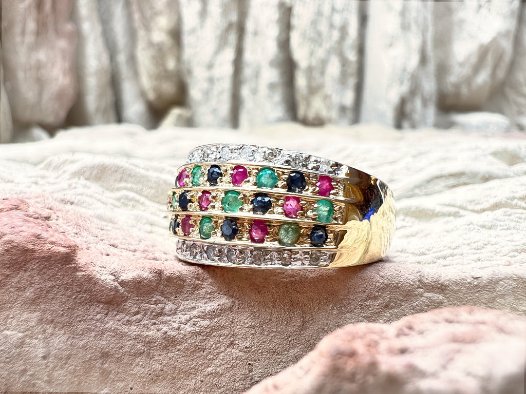 LUXUS-Ring aus 585er Gold mit Diamant-Rubin-Smaragd-Saphir – Nr. 53-54 (13-14)