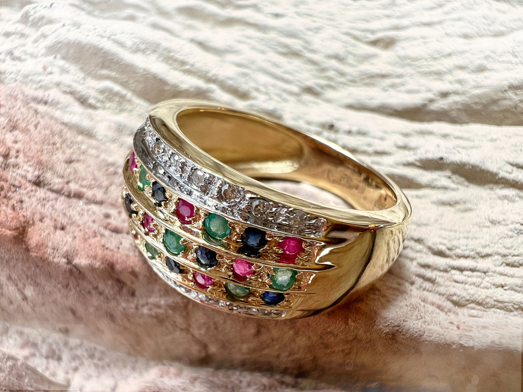 LUXUS-Ring aus 585er Gold mit Diamant-Rubin-Smaragd-Saphir – Nr. 53-54 (13-14)