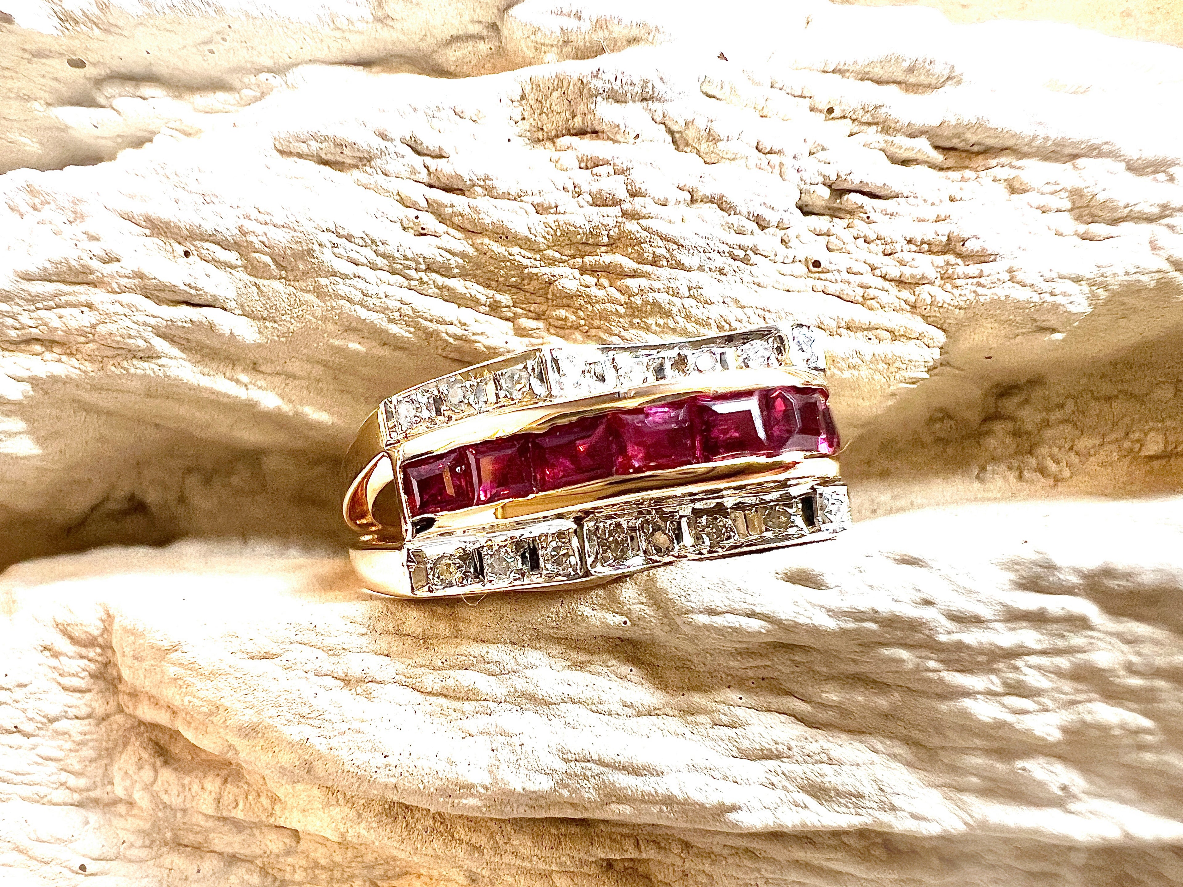 Luxus-Unikat Rubinring „Rubinlicht“ – 585er Gelbgold mit Rubinen & Diamanten