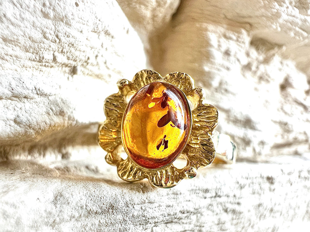 Luxus-Unikat Bernsteinring „Golden Amber Bloom“  – 585er Gold - Nr. 55 (15) - UNIKAT