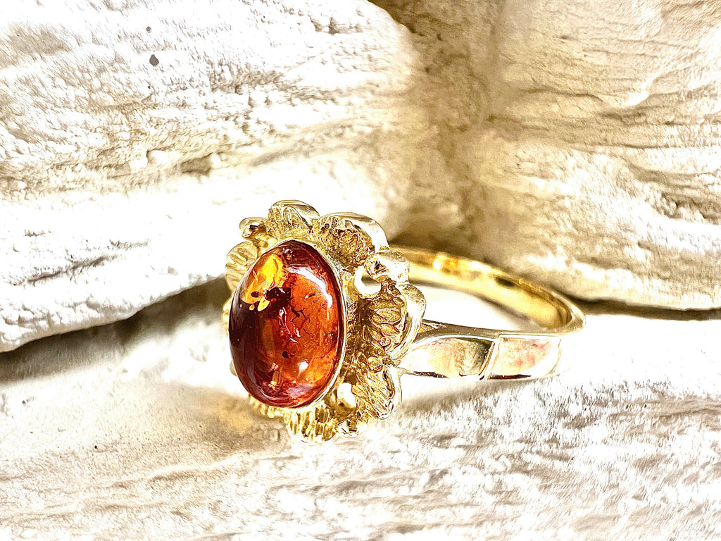 Luxus-Unikat Bernsteinring „Golden Amber Bloom“  – 585er Gold - Nr. 55 (15) - UNIKAT