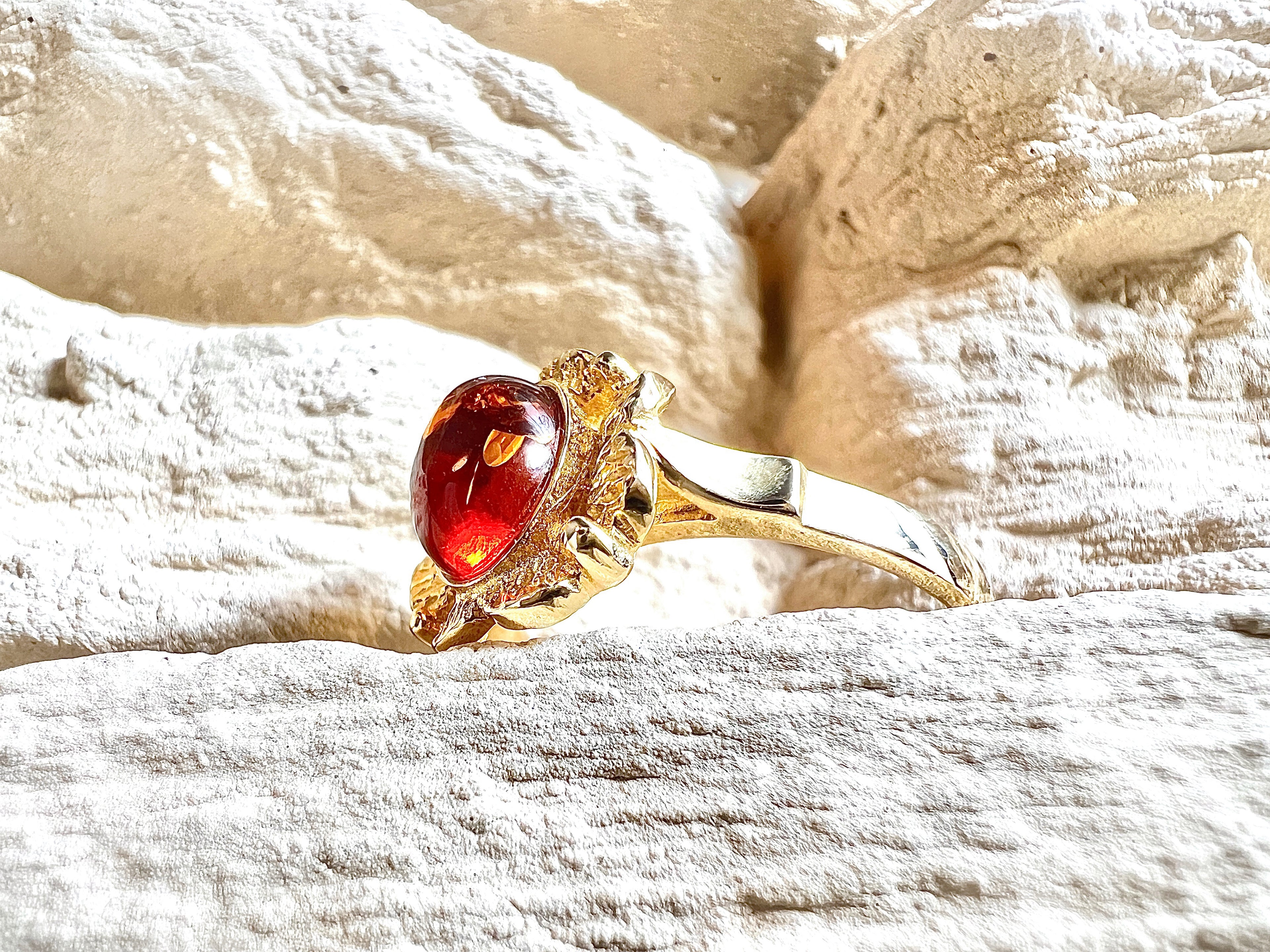 Luxus-Unikat Bernsteinring „Golden Amber Bloom“  – 585er Gold - Nr. 55 (15) - UNIKAT