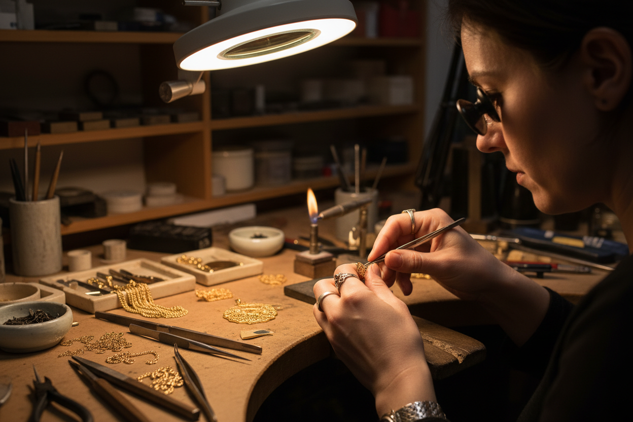 Zeige eine Goldschmiedin am Fertigen eines Schmuckstücks.